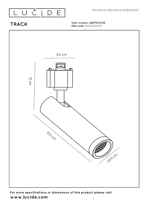 Lucide TRACK GRADO Spot sur rail - Système de rail monophasé / Éclairage sur rail - 1xGU10(MR11) - Noir (Extension) - technique
